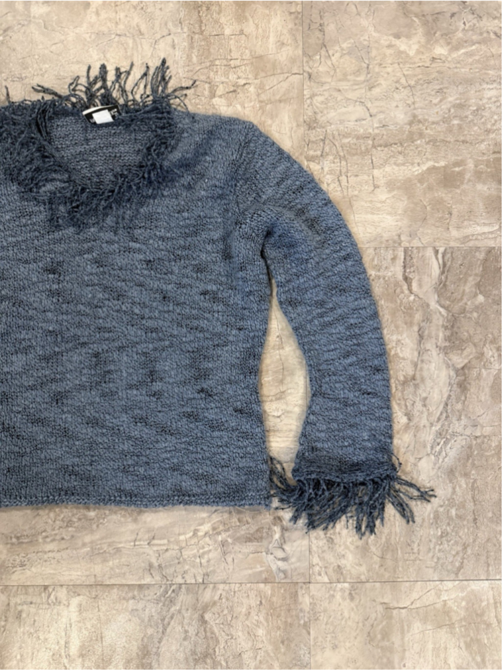 VTG Y2K Fashion Bug Blue Acrylic V Neck Sweater Fringe Sleeves Sz M USA